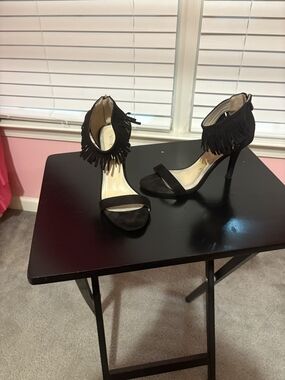 Fringe Ankle-Strap Black Suede Heels